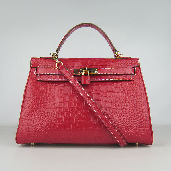 7A Replica Hermes Kelly 32cm Crocodile Veins Leather Bag Red 6108